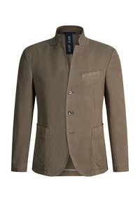 Blazer décontracté pour homme de couleur vert olive avec col montant, deux boutons à l'avant, deux poches plaquées basses et une poche passepoilée sur la poitrine.
