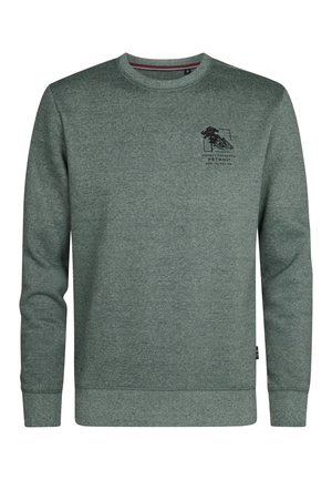 Sweatshirt vert avec un col rond, des manches longues et des poignets côtelés. Présente un petit design graphique noir à l'avant. Fabriqué en tissu texturé.