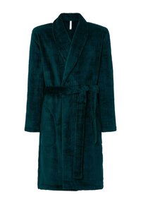 Bata de baño de felpa en color verde azulado con un patrón a cuadros, cuello de solapa, cinturón en la cintura y bolsillo lateral. Textura suave y diseño de longitud media.