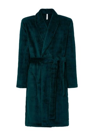 Bata de baño de felpa en color verde azulado con un patrón a cuadros, cuello de solapa, cinturón en la cintura y bolsillo lateral. Textura suave y diseño de longitud media.