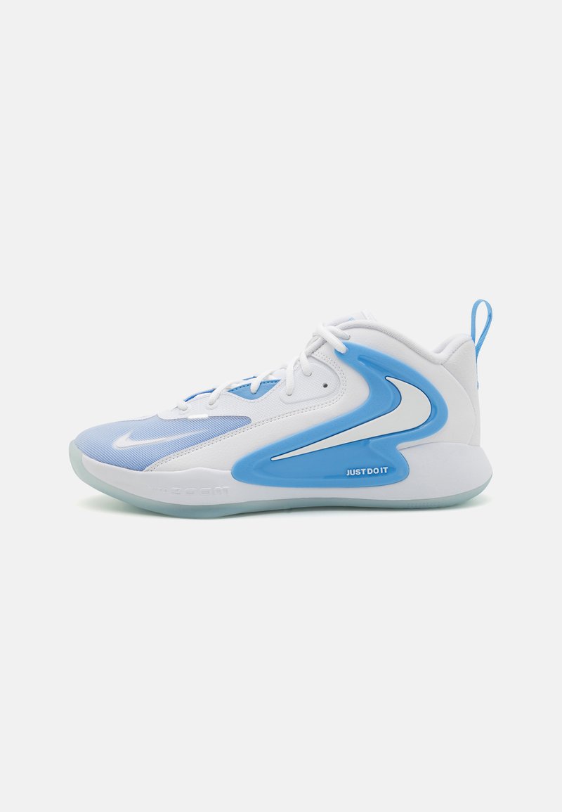 White and light blue sneaker featuring a mesh upper, rounded shape, translucent outsole, and "Just Do It" text on an accent detail.