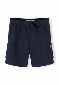 Shorts bleu marine avec taille élastique, cordon de serrage à l'avant, deux poches cargo latérales avec rabats, et petite étiquette noire sur la poche droite.