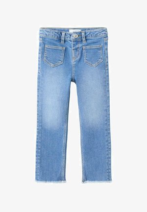 Jean en denim bleu clair avec une coupe droite, doté de deux poches avant, deux poches arrière, et un détail d'ourlet effiloché.