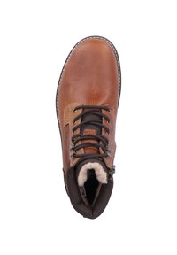 Bottines en cuir marron avec des accents beiges, à lacets, semelle en caoutchouc et doublure douce. Présente des coutures contrastées et une fermeture éclair sur le côté.