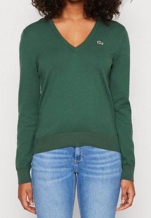 Groene v-hals trui, gebreide stof, aansluitende lange mouwen, geribbelde manchetten en zoom, met een klein geborduurd logo op de borst.