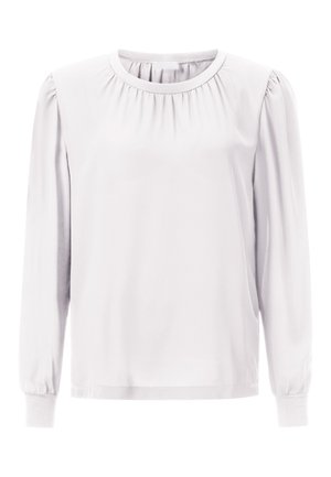 Hellgraue Bluse mit langen Ärmeln, gerüschtem Rundhalsausschnitt und puffigen Schultern. Hergestellt aus glattem Stoff mit schmalen Bündchen an den Handgelenken.
