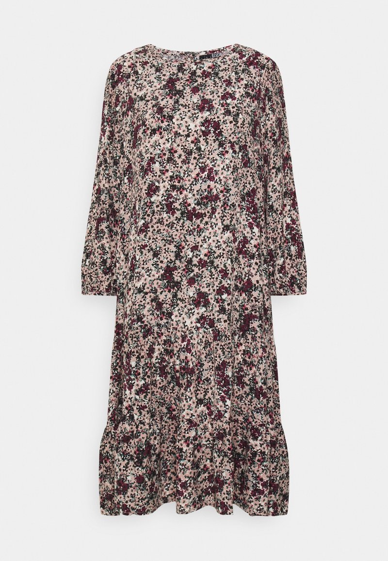 Robe fleurie à manches longues, coupe ample, avec motif rose, bordeaux et vert, dotée d’un col rond et d’un ourlet volanté.