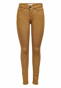 Tan skinny jeans i denim, med hög midja, femfickorsdesign och diskreta sömdekor. Slät textur och tajt passform.