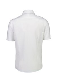 Effen witte korte mouwen shirt met een kraag, van de achterkant weergegeven op een witte achtergrond.