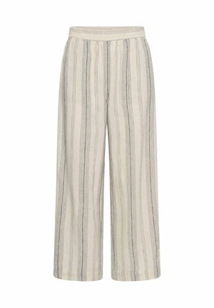 Beige weit geschnittene Hose mit vertikalen schwarzen Streifen und elastischem Bund, aus leichtem Stoff gefertigt.