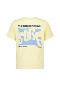 Geel katoenen t-shirt met een grafische print op de achterkant, met tekst en een golfontwerp in blauw en zwart, ronde hals en korte mouwen.