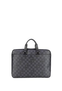 Black checkerboard-patterned laptop bag made of leather, featuring dual top handles, zippers, and subtle logo embossing.