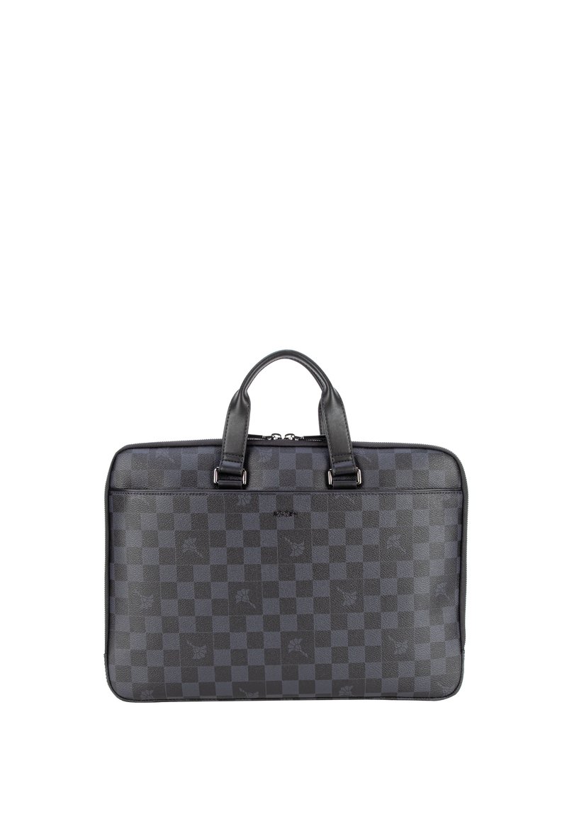 Black checkerboard-patterned laptop bag made of leather, featuring dual top handles, zippers, and subtle logo embossing.