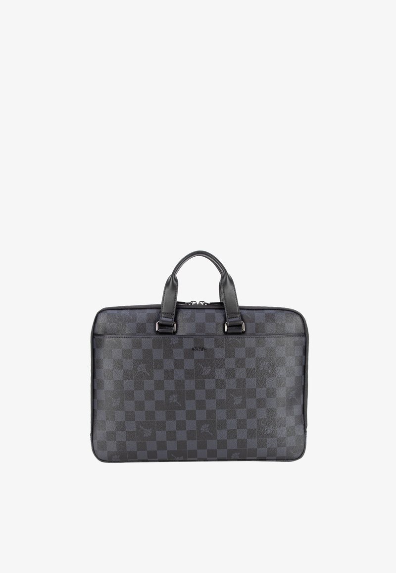 Black checkerboard-patterned laptop bag made of leather, featuring dual top handles, zippers, and subtle logo embossing.