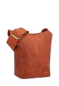 Brown leather shoulder bag with a textured surface, wide opening, and an adjustable strap featuring a brass buckle.