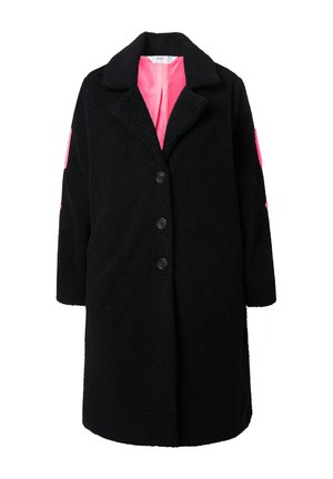 Black, fluffy coat with a notched collar, three buttons, and pink lining. Features pink accents on sleeves. Mid-length design.