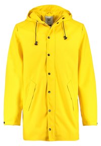 Gelber wasserdichter Regenmantel mit Kapuze, schwarzen Kordeln, vorderen Druckknöpfen und zwei seitlichen Taschen. Glatte Textur und knielanges Design.