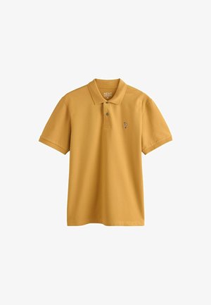 Senfgelbes Kurzarm-Poloshirt mit Kragen, zwei Knöpfen und kleinem, auf der linken Brust eingesticktem Logo, Größe Medium.
