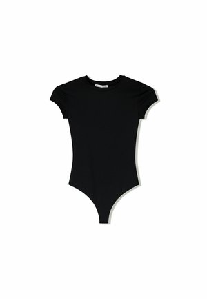 Body negru cu maneci scurte, guler rotund și decupaje înalte pe picioare, fabricat dintr-un material neted și elastic.