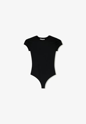Body negru cu maneci scurte, guler rotund și decupaje înalte pe picioare, fabricat dintr-un material neted și elastic.
