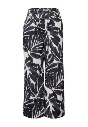 Wide-leg trousers made of lightweight fabric featuring a navy and white leaf pattern. Elastic waistband with tie detail.