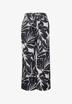 Široké kalhoty vyrobené z lehké látky s námořnickým modrým a bílým vzorem listů. Elastický pás se stahovací šňůrkou.