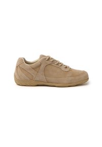Sneaker in suede beige con punta rotonda, design con lacci, pannelli testurizzati e suola in gomma. Presenta dettagli bicolore e interno imbottito.
