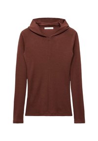 Smeđa, dugih rukava dukserica s kapuljačom i četvrtim zatvaračem, izrađena od teksturiranog materijala; ima opušten kroj i bočne proreze na rubu.