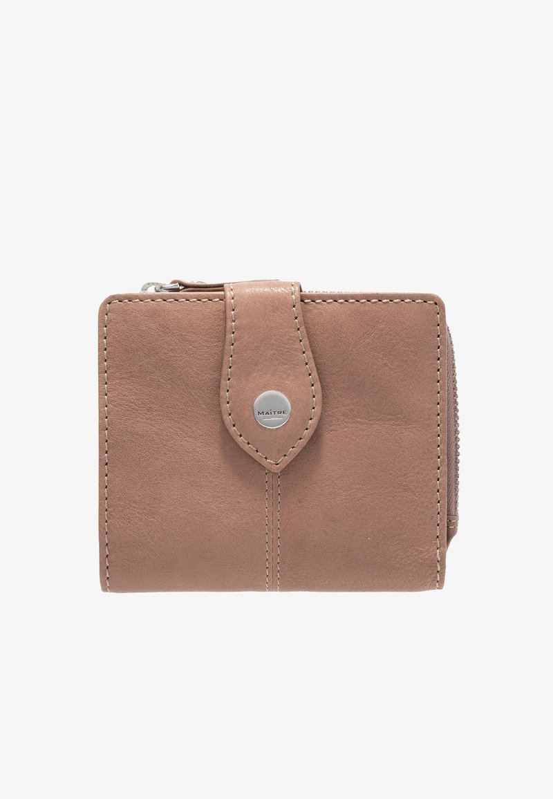 Portafoglio in pelle marrone con superficie liscia, angoli arrotondati, accentuato da un pulsante centrale e compartimento con cerniera. Dettagli cuciti sui bordi.