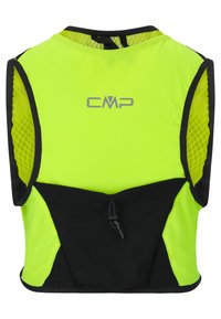 Neon gul väst med svart nedre del, meshnätsbakgrund och reflekterande CMP-logotyp. Har justerbar snörning och andningsbart material.