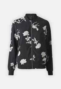 Czarna kurtka bomber z białym kwiatowym wzorem; posiada zamek błyskawiczny, ściągacz przy kołnierzu i mankietach oraz gładką fakturę materiału.