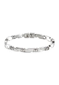 Bracciale in metallo argentato con anelli intrecciati e design geometrico. Finitura liscia e lucida. Dettaglio della chiusura sicura.