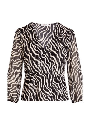 Blusa a righe zebrate bianco e nero con scollatura a V e maniche lunghe in trasparente, gatherate in vita per una silhouette aderente.