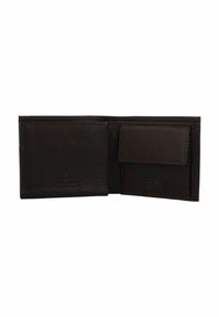 Braune Lederbörse mit glatter Textur, die mehrere Kartenfächer und ein Münzfach mit Klappenverschluss bietet.