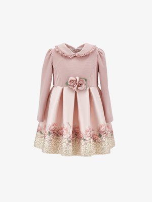 Rochie roz cu mâneci lungi pentru copii mici, guler cu volane, decor floral în talie și bordură cu imprimeu cu trandafiri și leopard pe fustă.