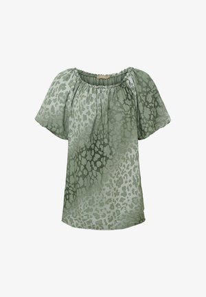 Grøn kortærmet bluse med elastisk rund halsudskæring og ujævnt lyst og mørkt dyreprint.