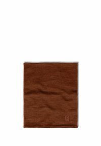 Brown, rectangular, textured scarf made of soft material, featuring a small, embossed logo in one corner. No distinct patterns visible.