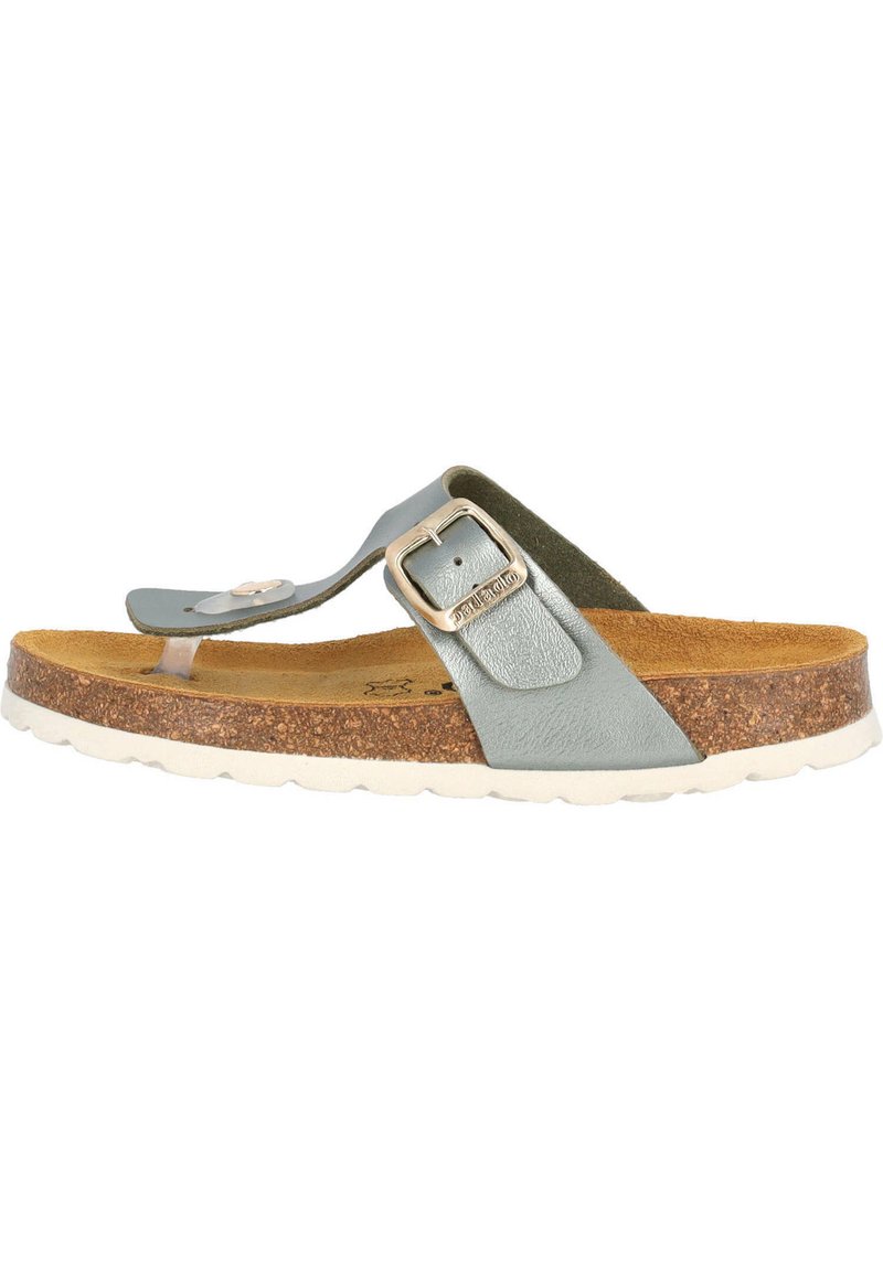 Sandal piatto con fascia tra le dita, caratterizzato da una tomaia sintetica blu chiaro con fibbia, soletta in sughero e suola in gomma bianca. Design arrotondato con dettagli testurizzati.