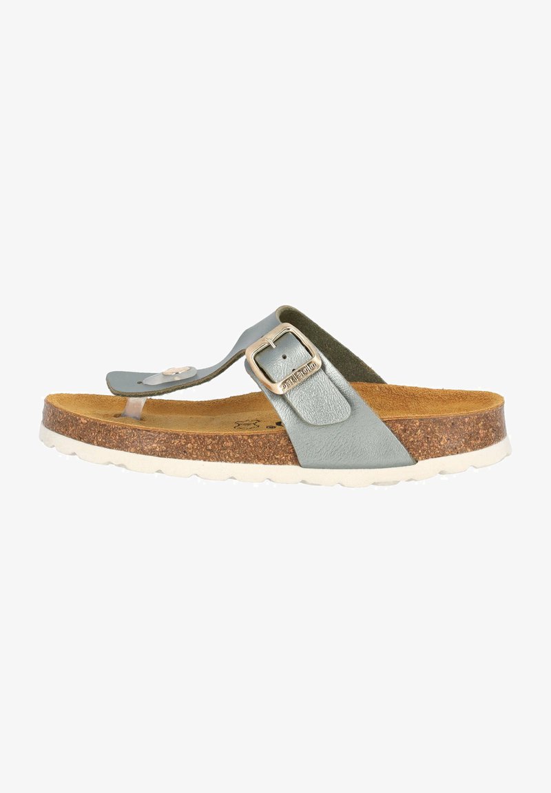 Tångsandal med ett ljusblått syntetiskt ovandel och spänne, korkfotbädd och en vit gummisula. Rundad design med texturerade detaljer.