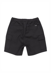 Shorts cargo noirs en coton, avec une taille élastique, des poches latérales et une texture lisse. Forme rectangulaire, sans motifs.