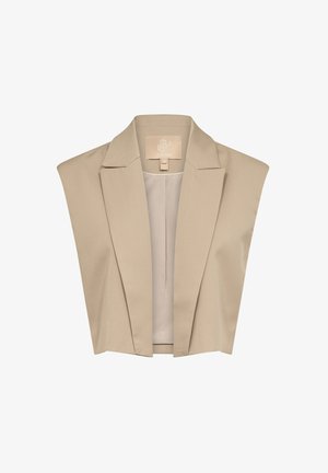 Beige cropped blazer med brede, åbne ærmer og en struktureret krave. Glat stof med et enkelt design, der har et internt mærke.
