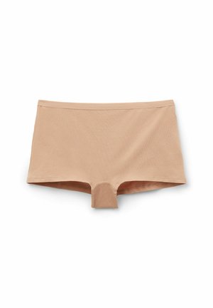 Beige Baumwoll-Boyshorts mit glatter Textur, ausgestattet mit einem niedrigen Bund und einem nahtlosen Frontpanel. Geeignet für den täglichen Gebrauch.