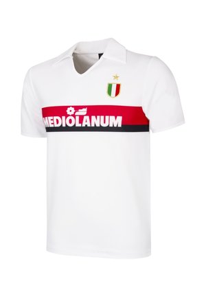 Witte polo met korte mouwen met een rode en zwarte horizontale streep, tekst "MEDIOLANUM", Italiaans vlag schild en gouden ster op de borst.