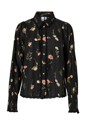 Černá dlouhý rukáv halenka s květinovým vzorem v růžové a zelené barvě. Má přední knoflíkovou légu, řasená ramena a pružné manžety. Lehká tkanina.
