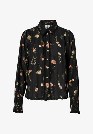 Svart langermet bluse med blomstermønster i rosa og grønt. Har knappelukking foran, plissert skuldre og smockede mansjetter. Lett stoff.