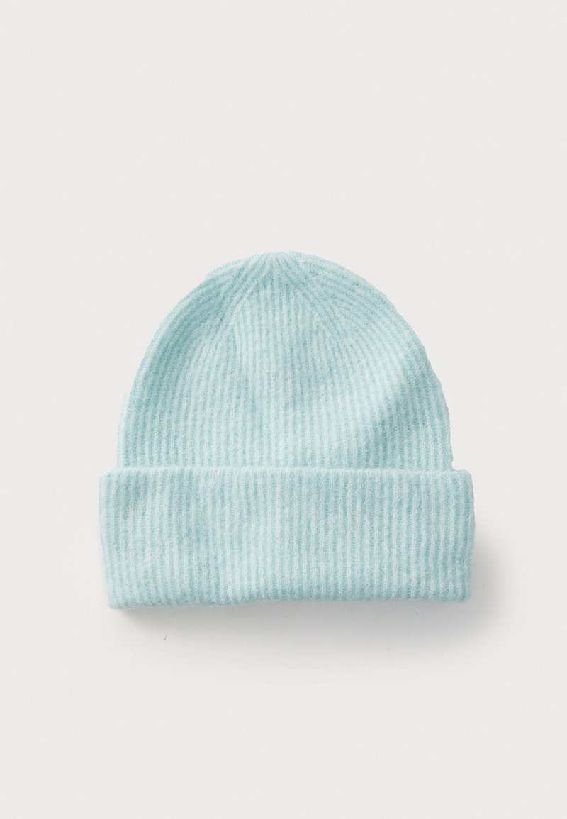 Light blue knitted beanie with a ribbed texture and rolled cuff. Made from soft fabric, it features horizontal stripes throughout.