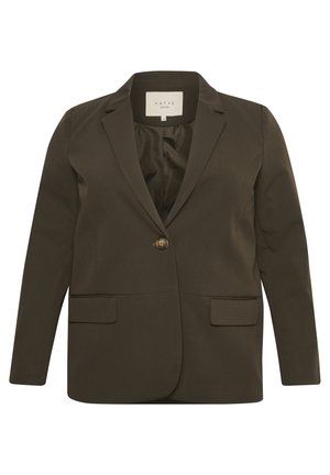 Mörkgrön blazer med en enda knappstängning, strukturerade axlar, två framfickor och ett slätt, texturerat tygfoder.