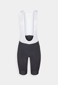 Schwarze Radsport-Bib-Shorts mit weißen Netzträgern, gepolstertem Sitz und Logo nahe dem Saum. Der Stoff wirkt glatt mit einer strukturierten Passform.