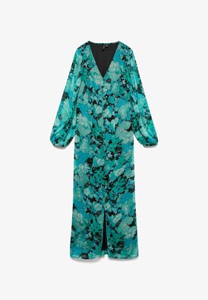 Bloemrijke maxi-jurk in blauw en groen met lange mouwen, V-hals en een voorkantssplit. Gemaakt van een lichte, gestructureerde stof.