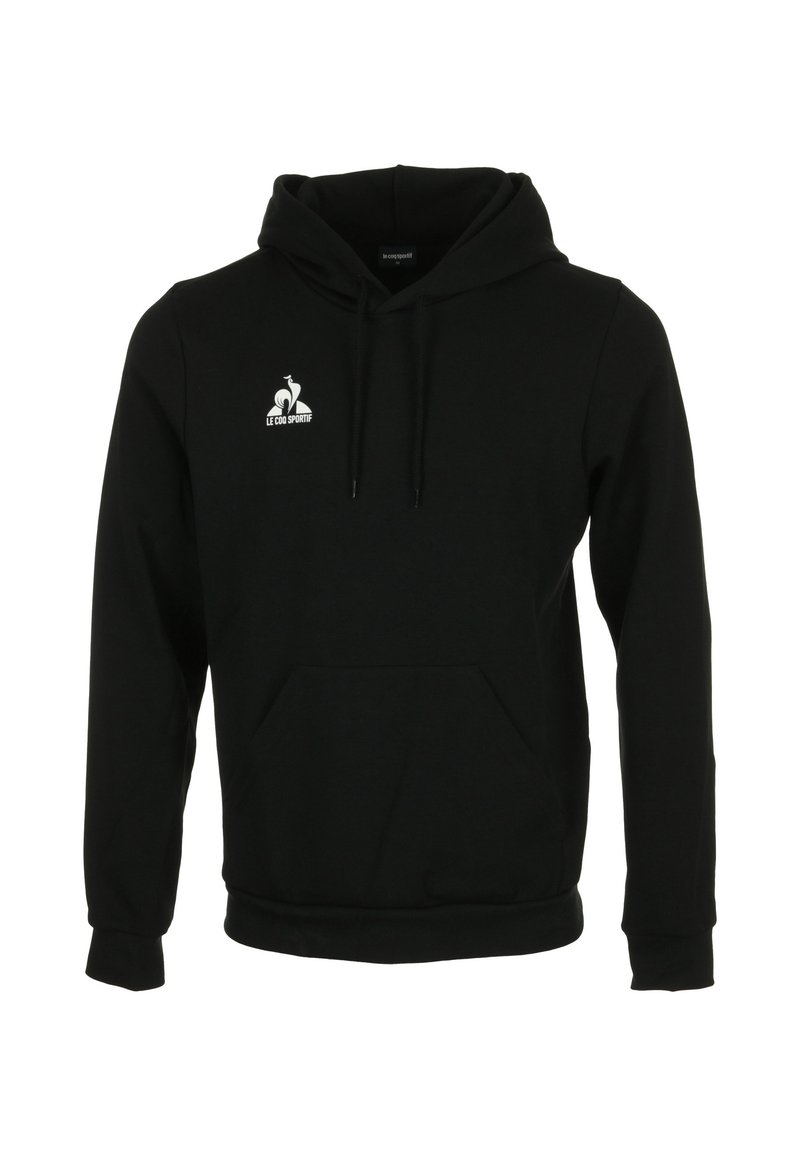 Sudadera negra de mezcla de algodón, con un bolsillo canguro en la parte frontal, capucha con cordones y un logo blanco en la zona izquierda del pecho.
